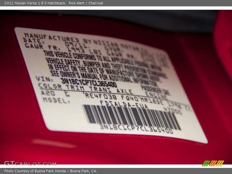 Red Alert / Charcoal 2012 Nissan Versa 1.8 S Hatchback