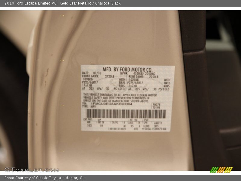 Gold Leaf Metallic / Charcoal Black 2010 Ford Escape Limited V6