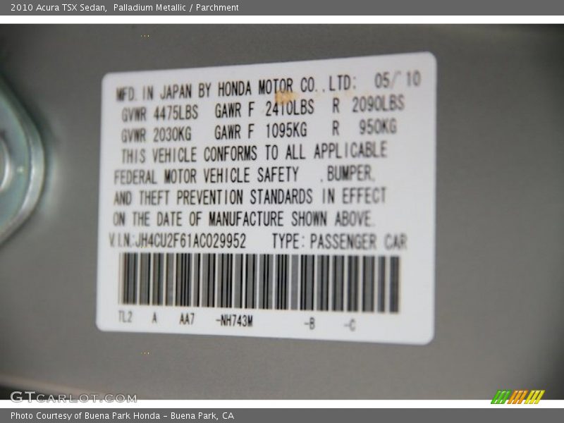 Palladium Metallic / Parchment 2010 Acura TSX Sedan