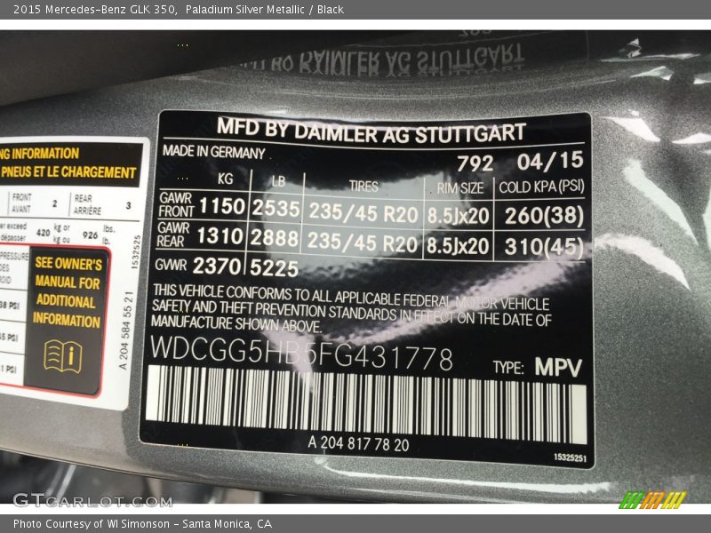 Paladium Silver Metallic / Black 2015 Mercedes-Benz GLK 350