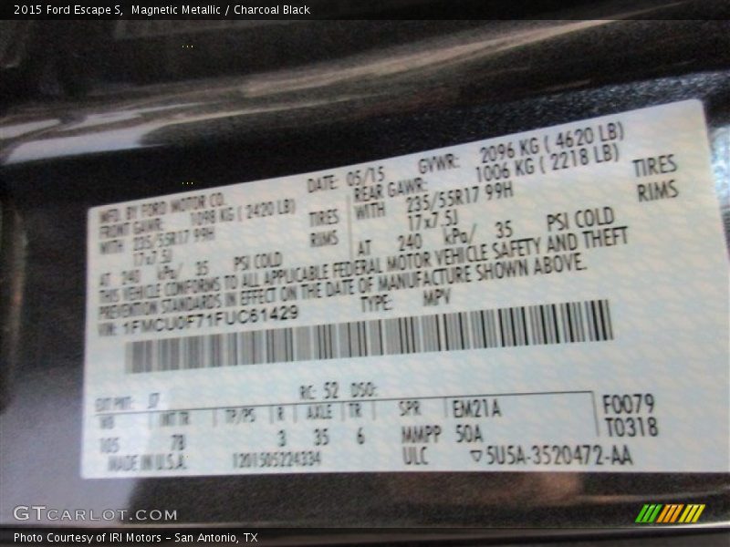 Magnetic Metallic / Charcoal Black 2015 Ford Escape S
