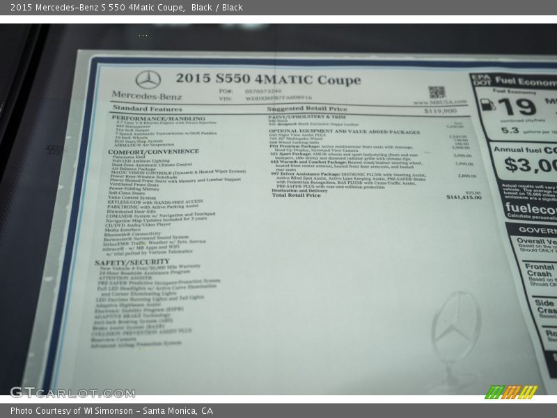  2015 S 550 4Matic Coupe Window Sticker