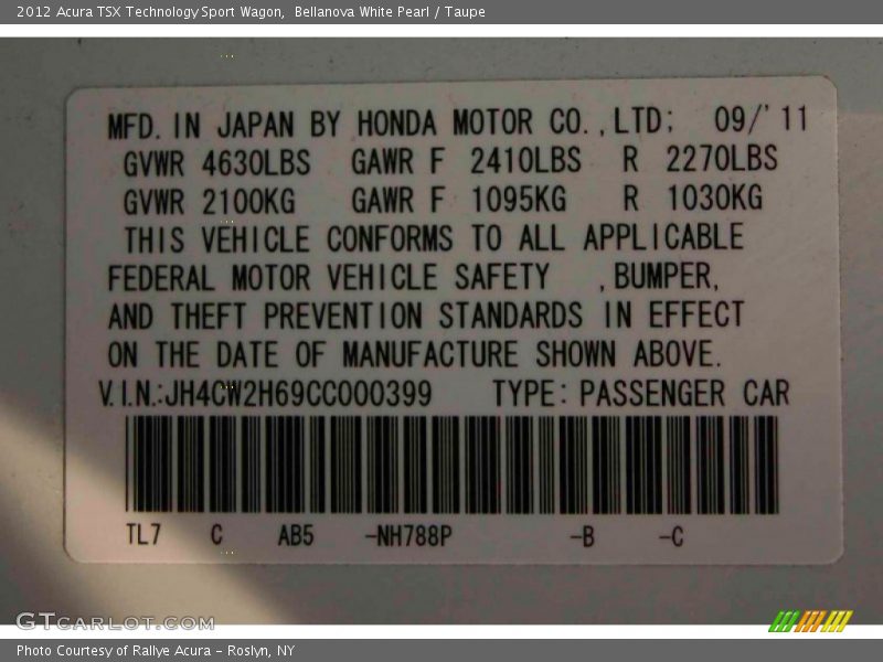 Bellanova White Pearl / Taupe 2012 Acura TSX Technology Sport Wagon