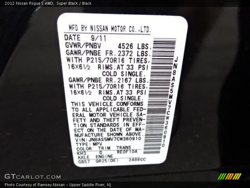 Super Black / Black 2012 Nissan Rogue S AWD