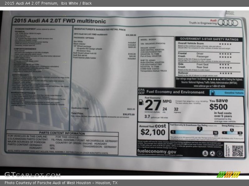 Ibis White / Black 2015 Audi A4 2.0T Premium