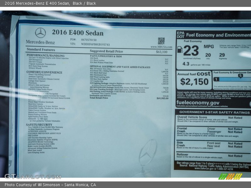  2016 E 400 Sedan Window Sticker