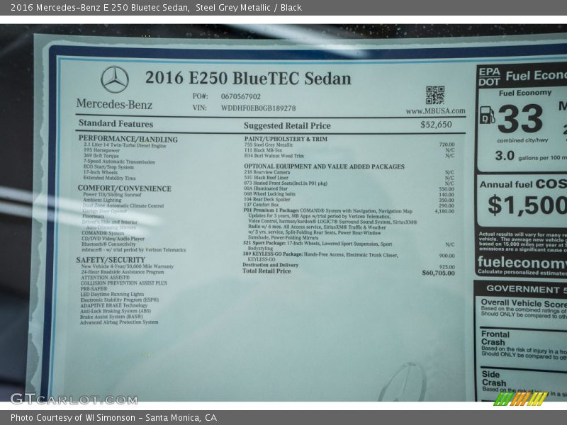  2016 E 250 Bluetec Sedan Window Sticker