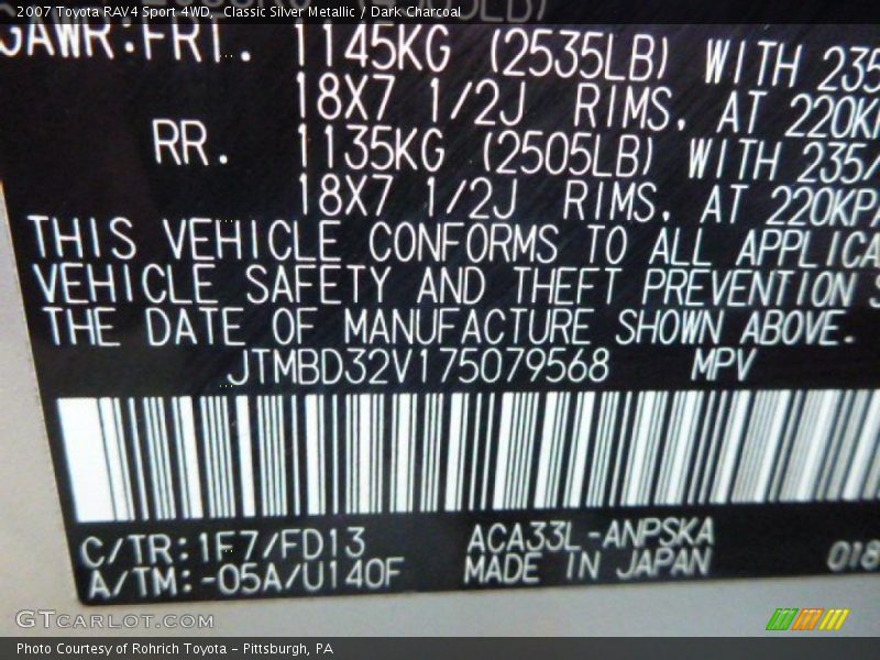 Classic Silver Metallic / Dark Charcoal 2007 Toyota RAV4 Sport 4WD