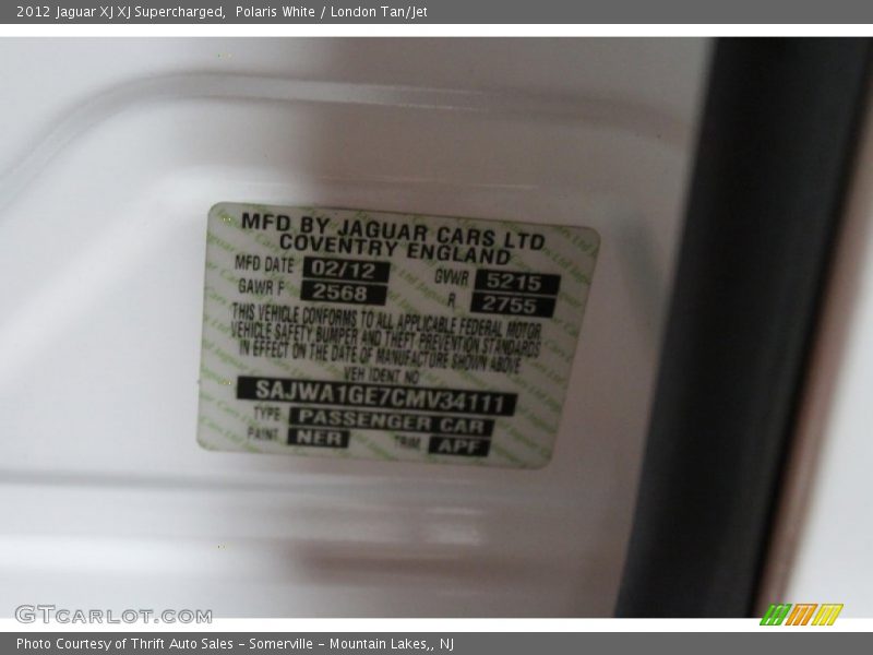 2012 XJ XJ Supercharged Polaris White Color Code NER