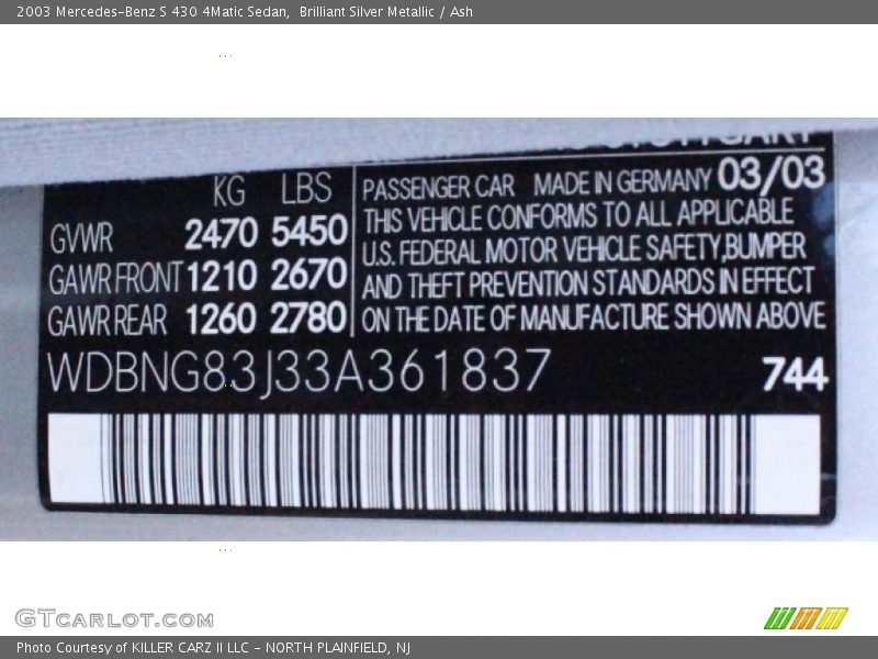 Brilliant Silver Metallic / Ash 2003 Mercedes-Benz S 430 4Matic Sedan
