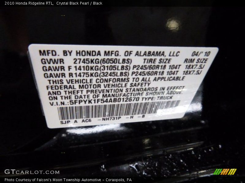 Crystal Black Pearl / Black 2010 Honda Ridgeline RTL