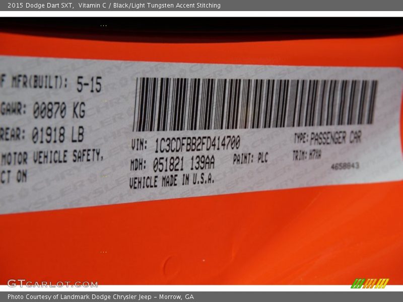2015 Dart SXT Vitamin C Color Code PLC