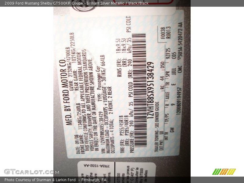 Brilliant Silver Metallic / Black/Black 2009 Ford Mustang Shelby GT500KR Coupe