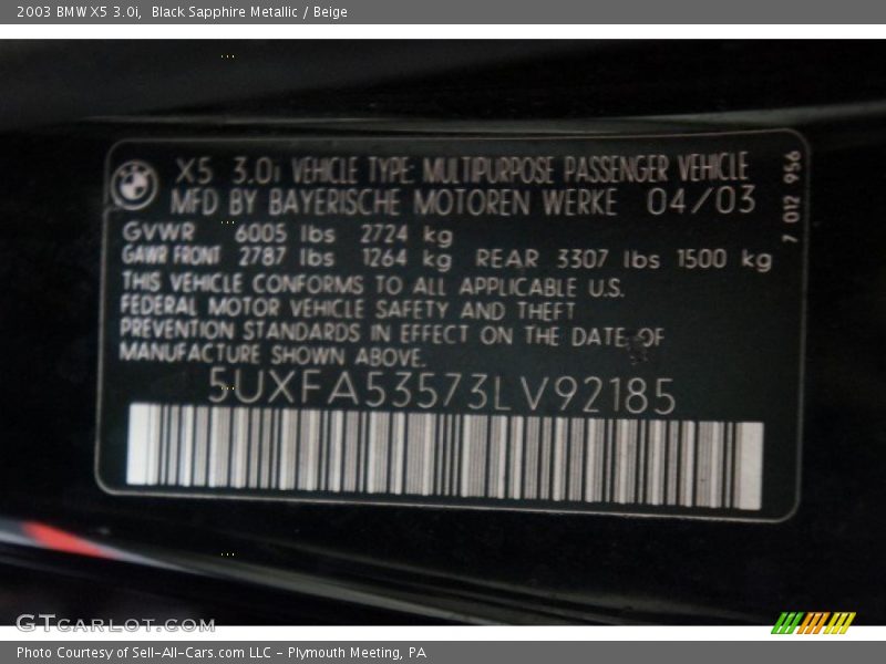 Black Sapphire Metallic / Beige 2003 BMW X5 3.0i