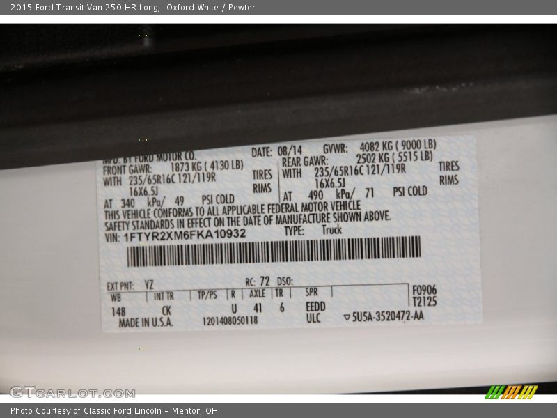 Oxford White / Pewter 2015 Ford Transit Van 250 HR Long