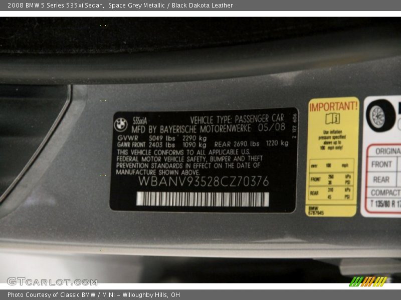 Space Grey Metallic / Black Dakota Leather 2008 BMW 5 Series 535xi Sedan