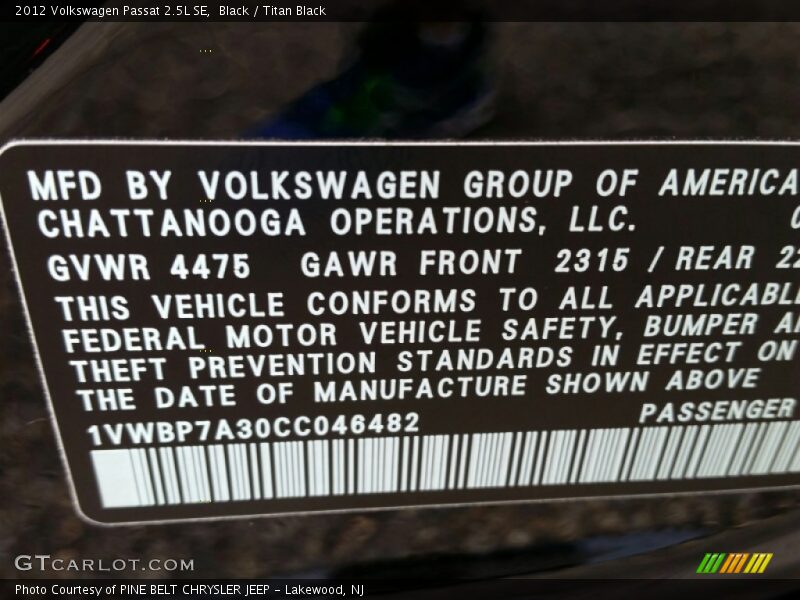 Black / Titan Black 2012 Volkswagen Passat 2.5L SE