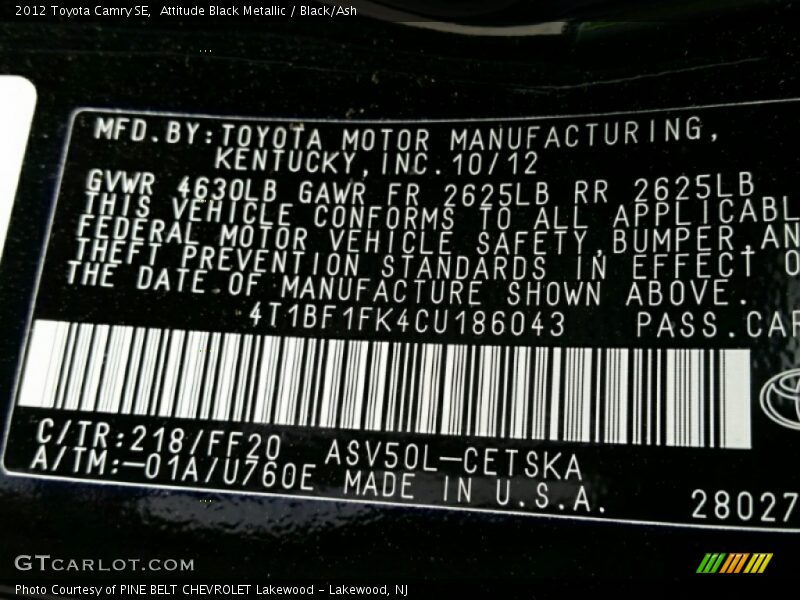 Attitude Black Metallic / Black/Ash 2012 Toyota Camry SE