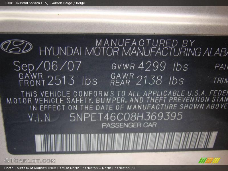 Golden Beige / Beige 2008 Hyundai Sonata GLS