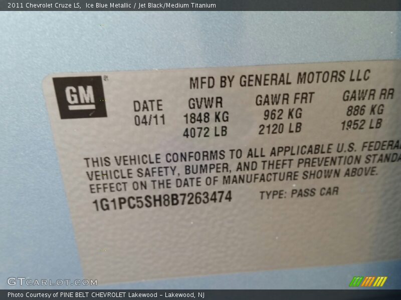 Ice Blue Metallic / Jet Black/Medium Titanium 2011 Chevrolet Cruze LS