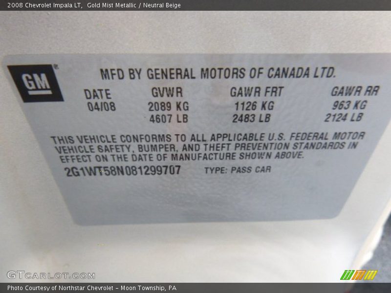Gold Mist Metallic / Neutral Beige 2008 Chevrolet Impala LT