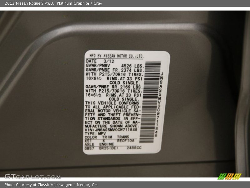 Platinum Graphite / Gray 2012 Nissan Rogue S AWD