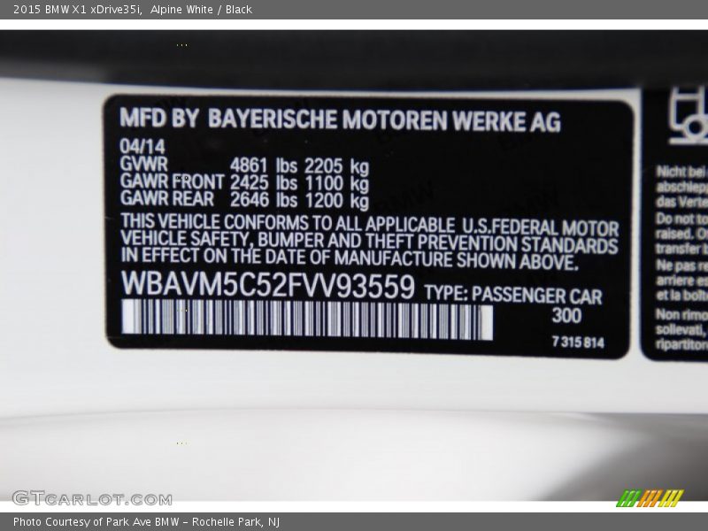 Alpine White / Black 2015 BMW X1 xDrive35i