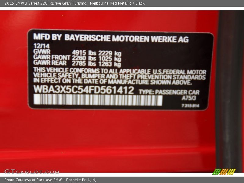 2015 3 Series 328i xDrive Gran Turismo Melbourne Red Metallic Color Code A75