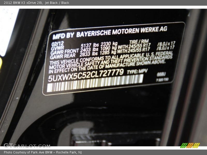 Jet Black / Black 2012 BMW X3 xDrive 28i