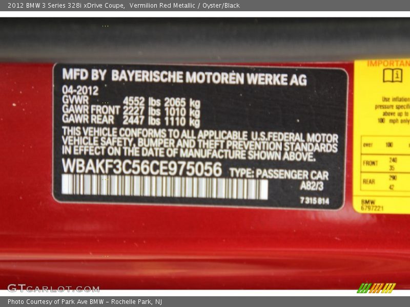 Vermilion Red Metallic / Oyster/Black 2012 BMW 3 Series 328i xDrive Coupe