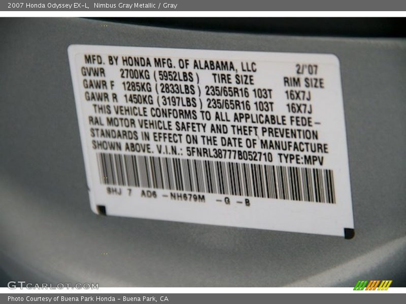 Nimbus Gray Metallic / Gray 2007 Honda Odyssey EX-L