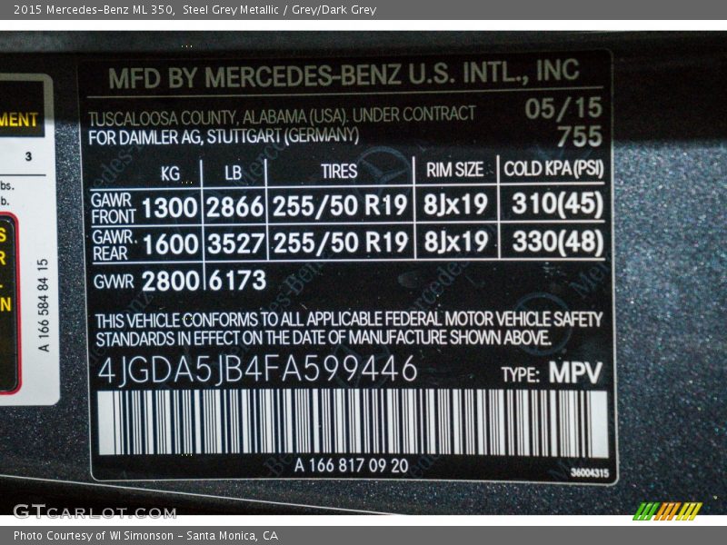 Steel Grey Metallic / Grey/Dark Grey 2015 Mercedes-Benz ML 350