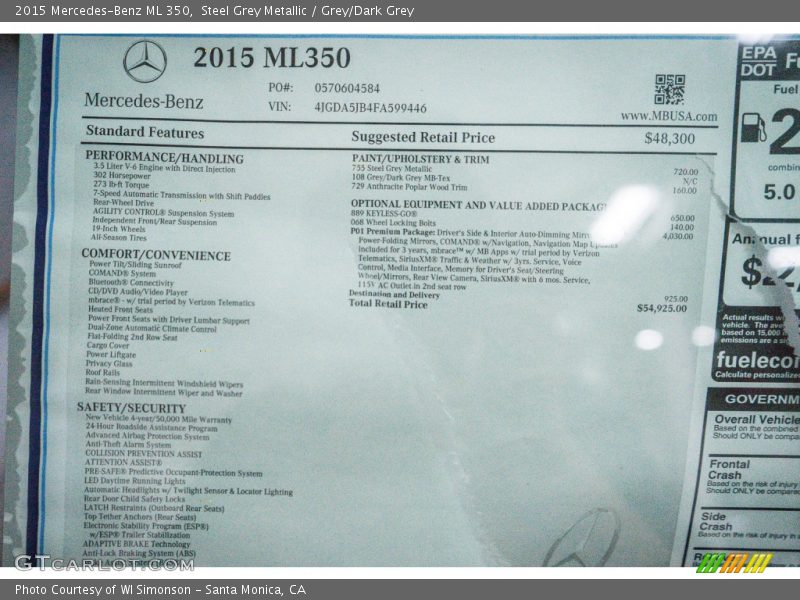 Steel Grey Metallic / Grey/Dark Grey 2015 Mercedes-Benz ML 350