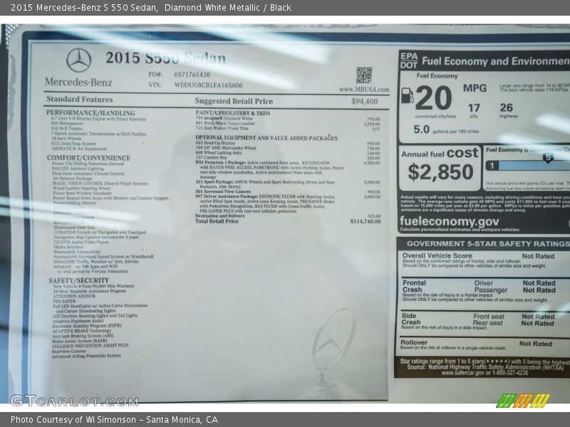  2015 S 550 Sedan Window Sticker