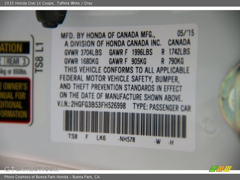 Taffeta White / Gray 2015 Honda Civic LX Coupe