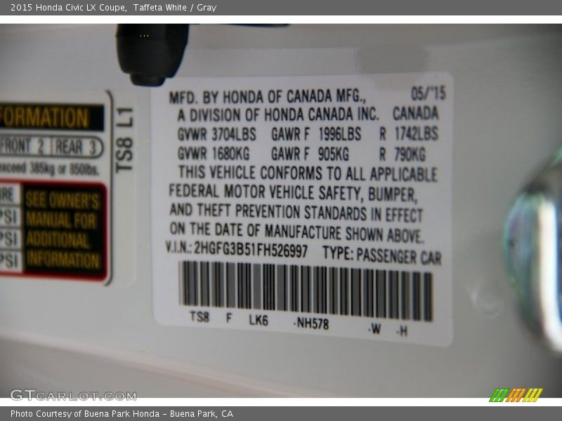 Taffeta White / Gray 2015 Honda Civic LX Coupe