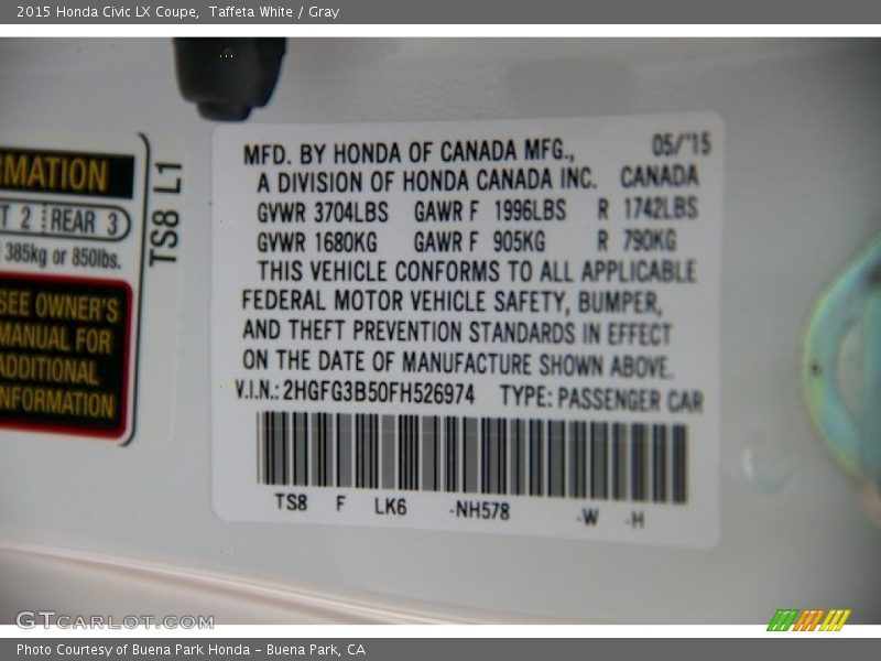 Taffeta White / Gray 2015 Honda Civic LX Coupe