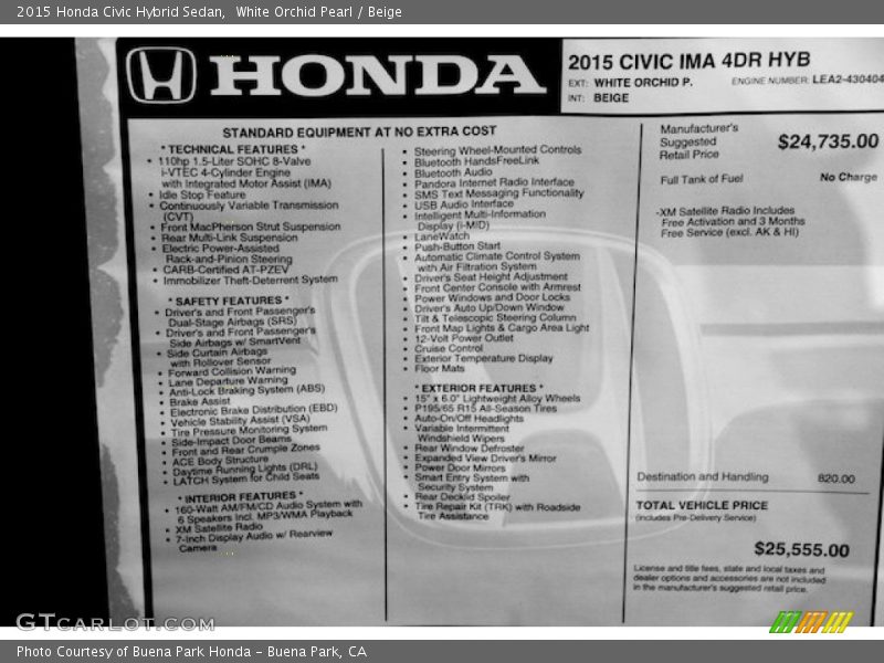 White Orchid Pearl / Beige 2015 Honda Civic Hybrid Sedan