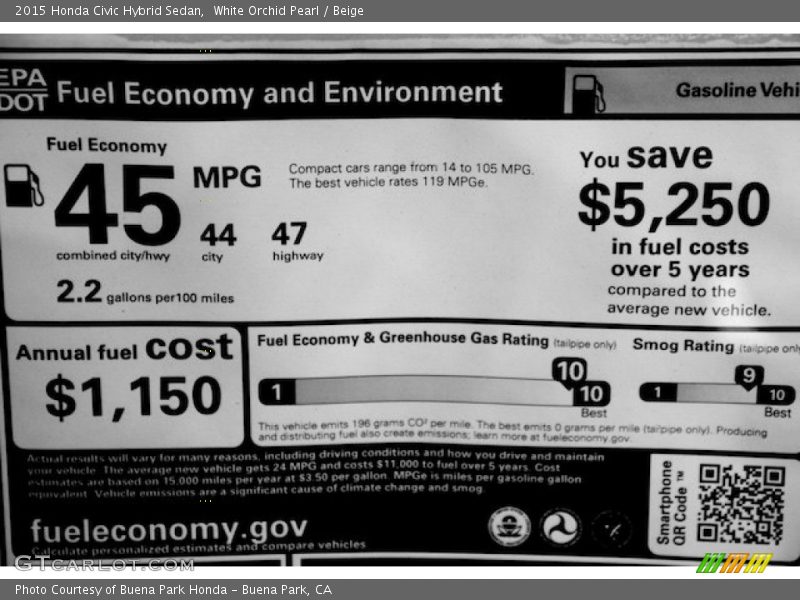 White Orchid Pearl / Beige 2015 Honda Civic Hybrid Sedan