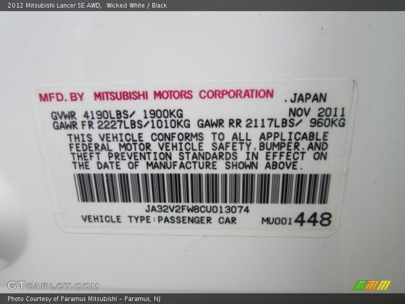 Wicked White / Black 2012 Mitsubishi Lancer SE AWD