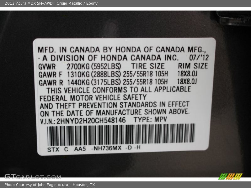Grigio Metallic / Ebony 2012 Acura MDX SH-AWD
