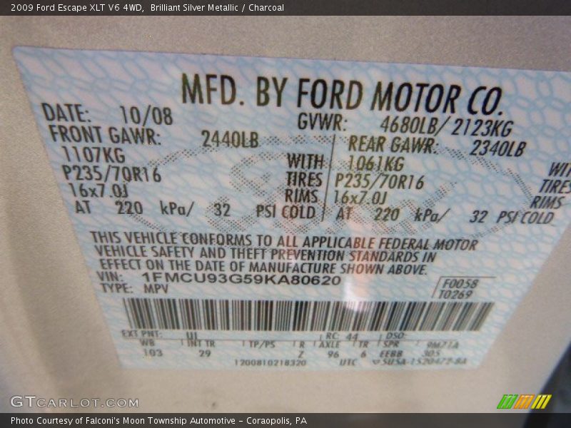 Brilliant Silver Metallic / Charcoal 2009 Ford Escape XLT V6 4WD