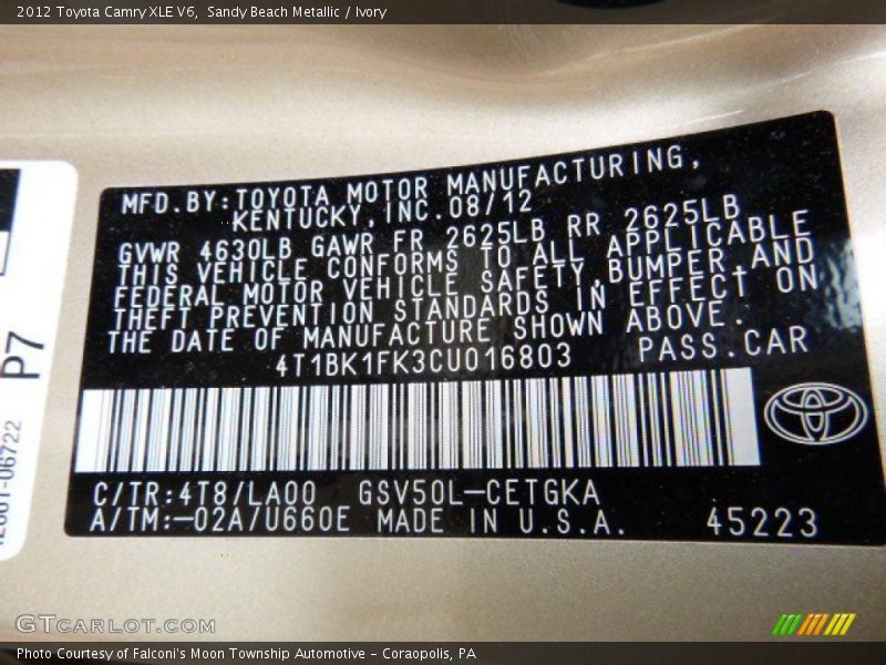 Sandy Beach Metallic / Ivory 2012 Toyota Camry XLE V6