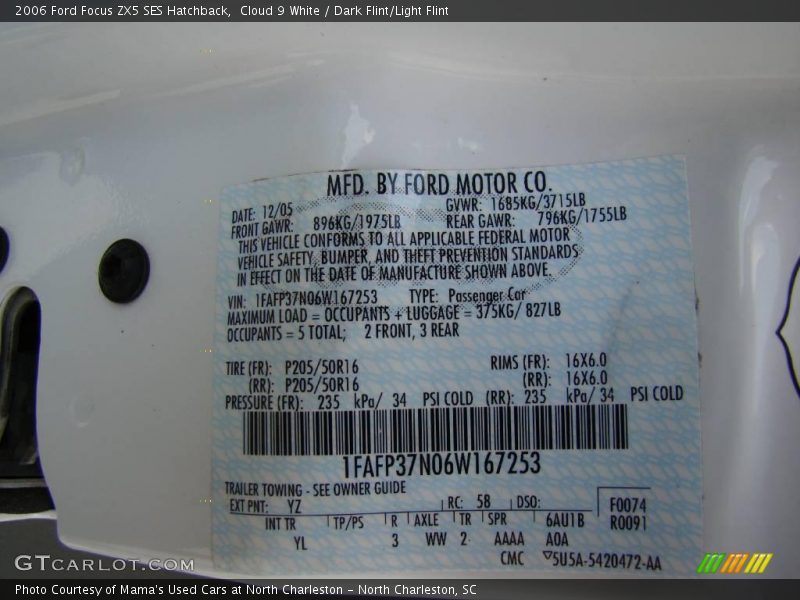 Cloud 9 White / Dark Flint/Light Flint 2006 Ford Focus ZX5 SES Hatchback