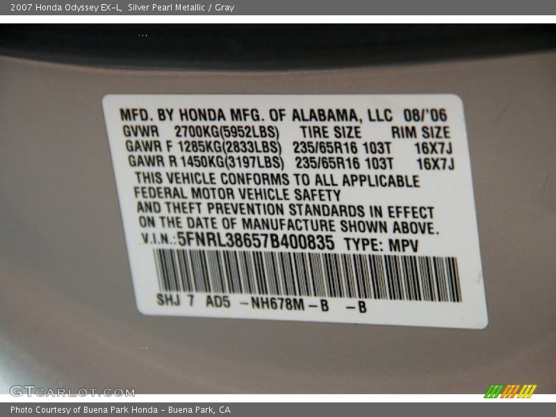 Silver Pearl Metallic / Gray 2007 Honda Odyssey EX-L