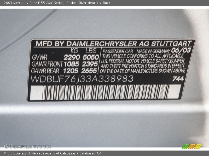 2003 E 55 AMG Sedan Brilliant Silver Metallic Color Code 744