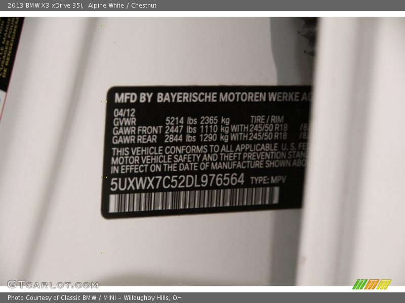 Alpine White / Chestnut 2013 BMW X3 xDrive 35i