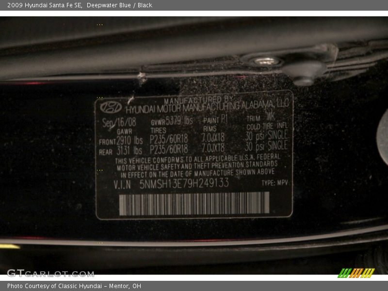 Deepwater Blue / Black 2009 Hyundai Santa Fe SE