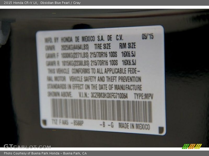 Obsidian Blue Pearl / Gray 2015 Honda CR-V LX