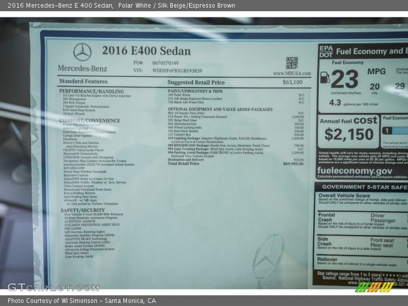  2016 E 400 Sedan Window Sticker